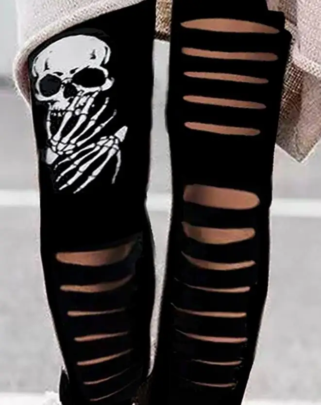 Halloween Horror Skull Print Trapezoidal Hollow Tight Leggings New Hot Selling 2023 Women's Wear