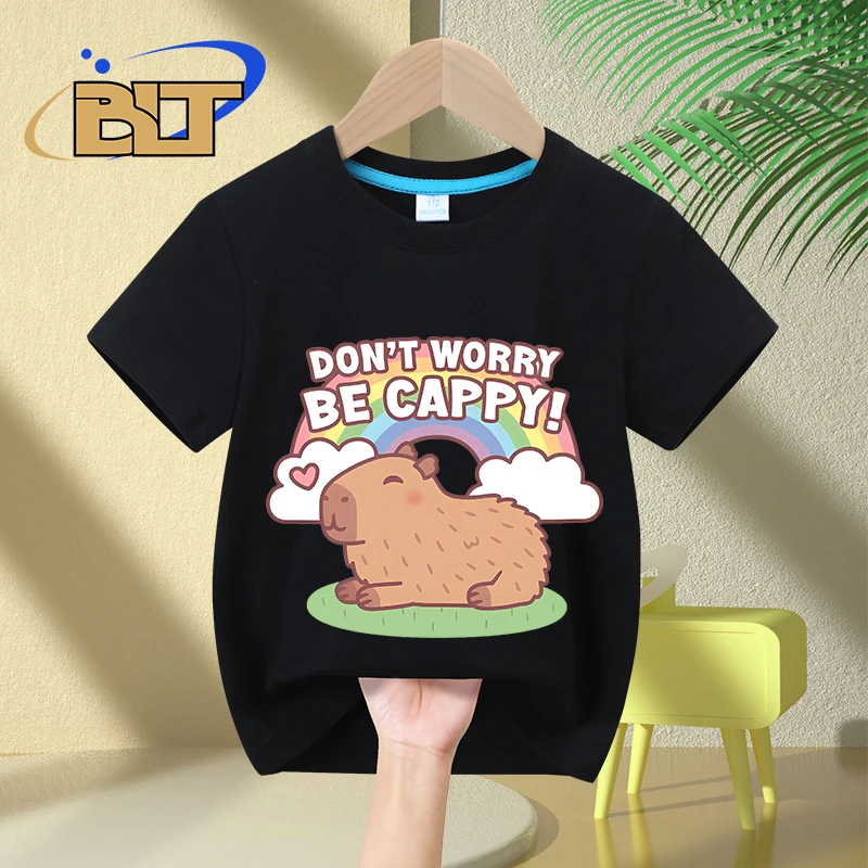 Camisa de algodón puro para niños y niñas, top informal de manga corta, bonito Capybara y arcoíris, Don't Worry Be Cappy kidsT, Verano