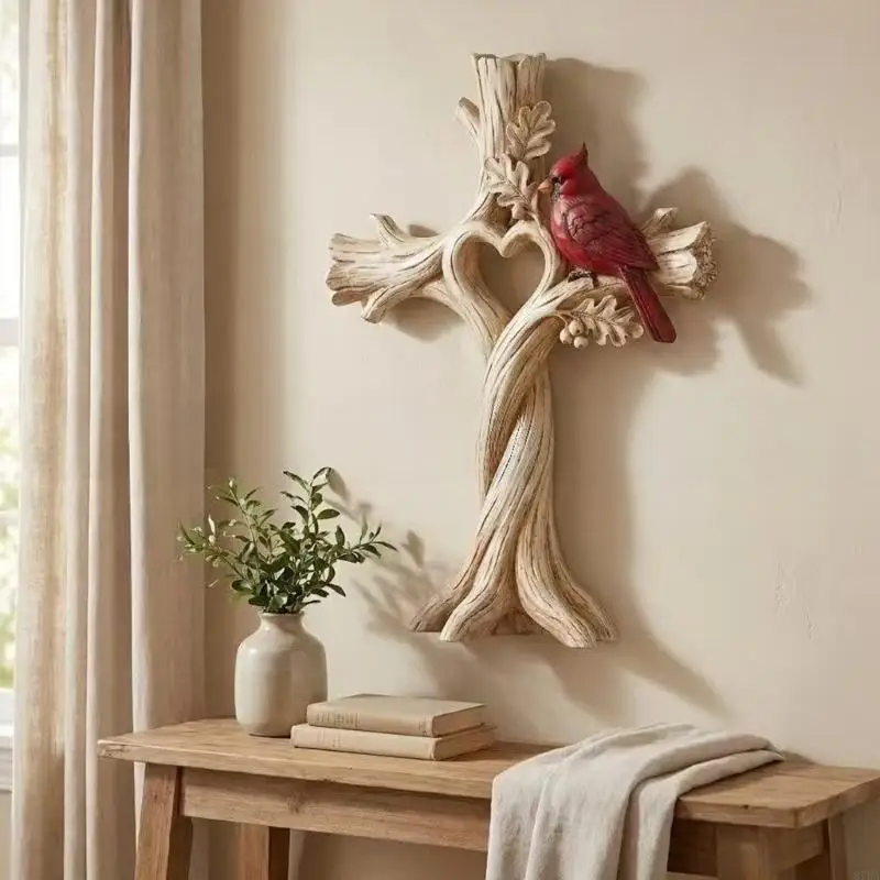 Pine Bird Tree Crosses Wall Hanging with a Red Feathered Figure and Open Heart Detail for Living Room, Entryway, or 87HA