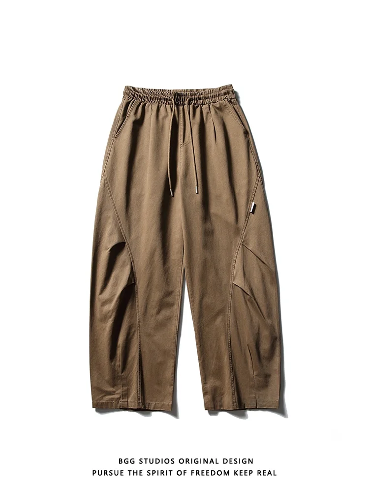 

Retro American Straight Leg Work Pants Men's Loose Casual Trousers Autumn Wide Leg Loose Fit Pure Color Folded Cuff