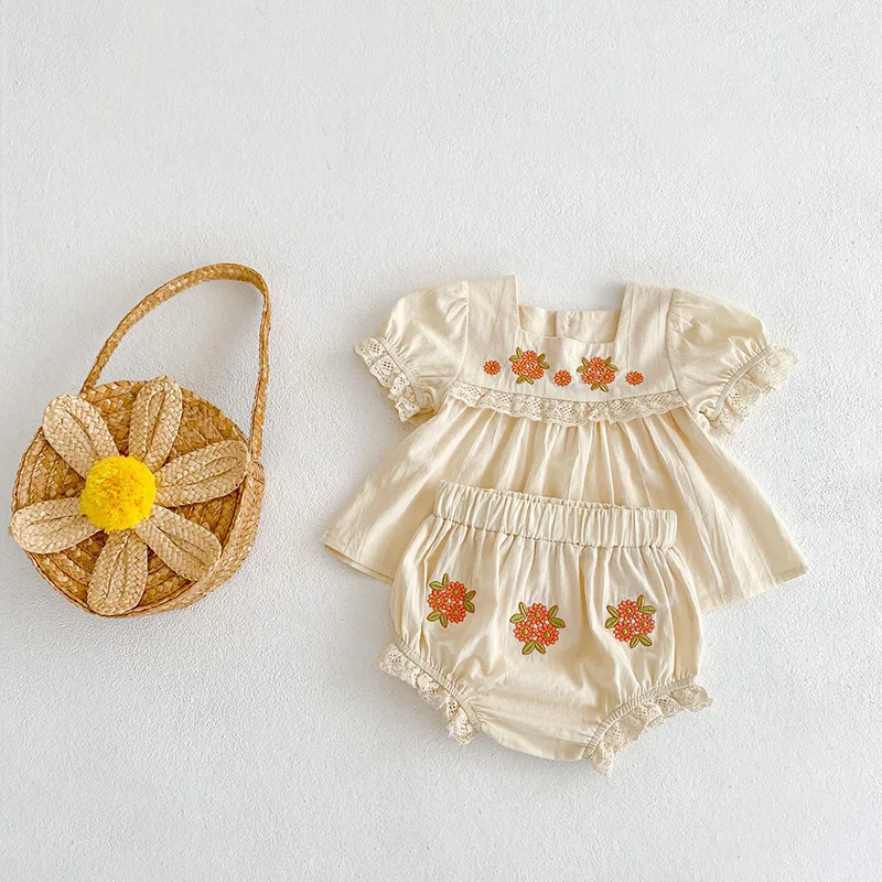 milancel-2026-summer-baby-clothing-set-flower-embroidery-girls-suits-peter-pan-tee-and-shorts-toddler-girls-clothes-set