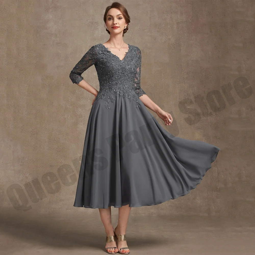 

Short Wedding Guest Dresses 3/4 Sleeves V Neck Beading Applique Tea Length Chiffon A Line Mother of The Bride Dress Party Gown