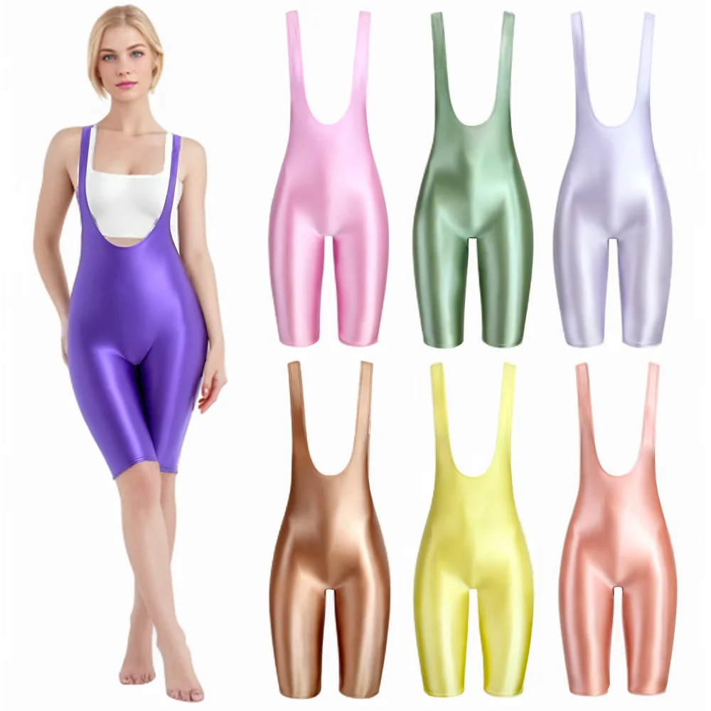 MJINM Women Oil Smooth Glossy Satin One Piece Jumpsuit Tank Top Shorts Fitness Overalls Spandex Yoga Tights Suspenders Bodysuits