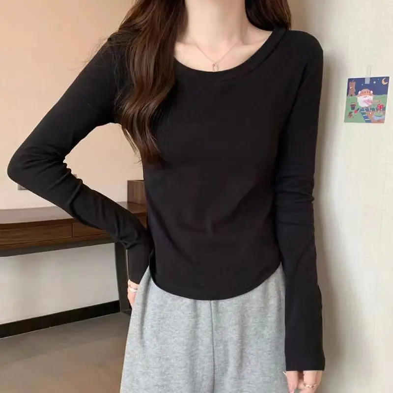 2026 Slim Fit Long Sleeve T Shirt Women New Early Autumn Design Niche Layering Thin Crew Neck Base Tee Soft Stretch Breathable C
