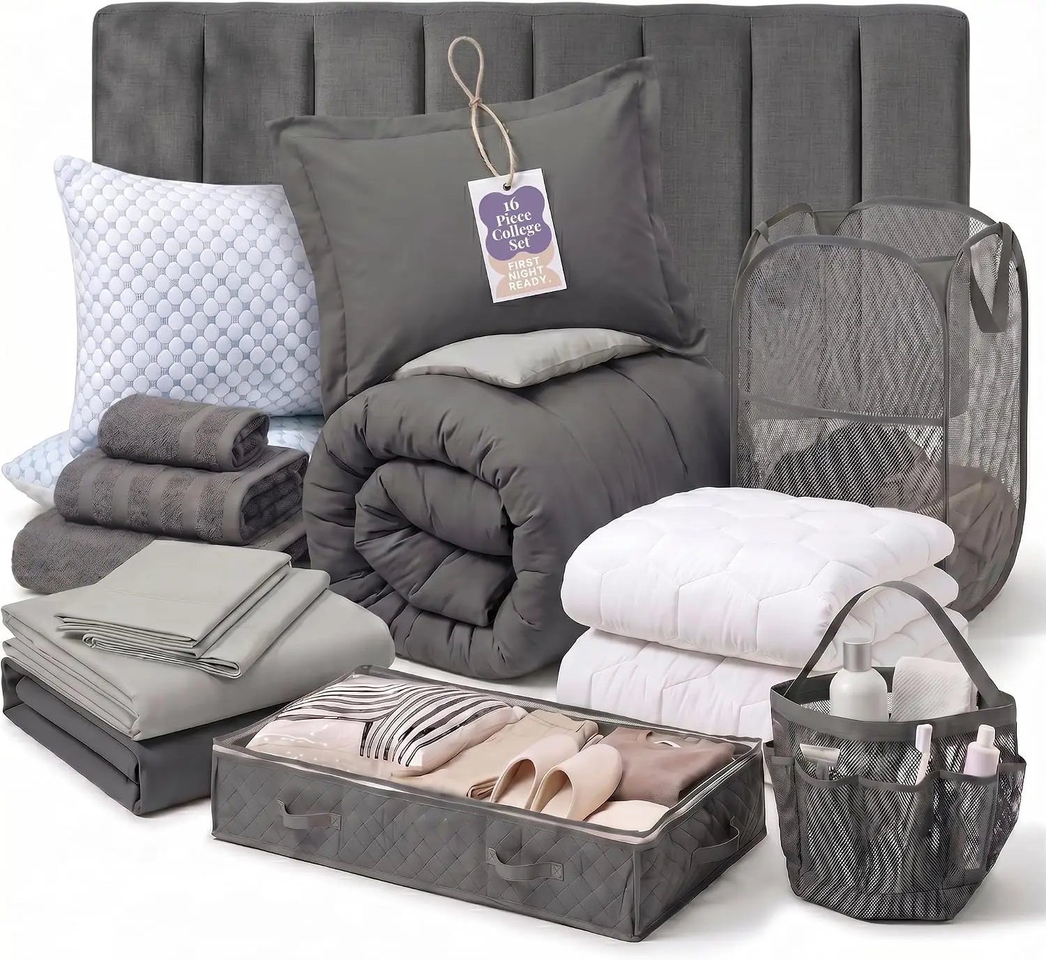 16 Piece Complete Dorm Room Set, Twin XL Comforter Set, Includes Sheet Set, Mattress Protector, Pillows, Headboard, Towels & Org