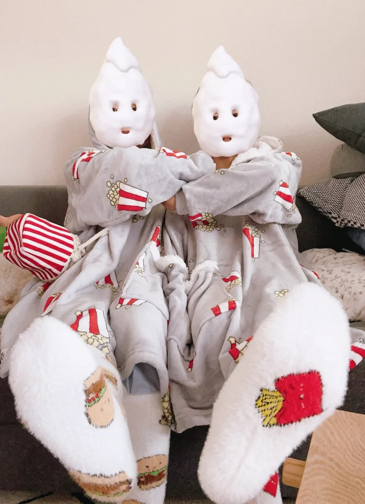 New Lovers Double Snuddie Popcorn Couple Pairs Pajamas Autumn Winter Plush Hooded Blanket One Size For Adults