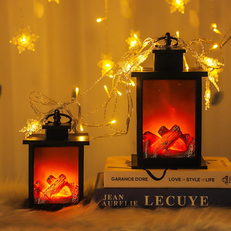 LED Fireplace Light with Timer, Realistic Wood Fire Flame Lantern, Christmas Charcoal StyleTable Lamp, for Holiday,Winter Decor