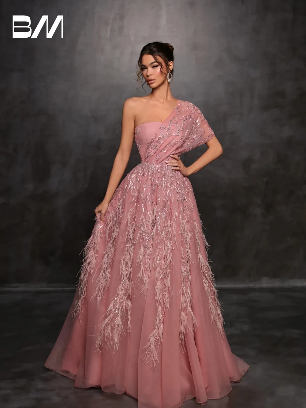 

Pink Dazzling A Line Feathered Evening Dress Formal Occasion One Shoulder Cocktail Customized Lace Up Back Party Women Prom Gown