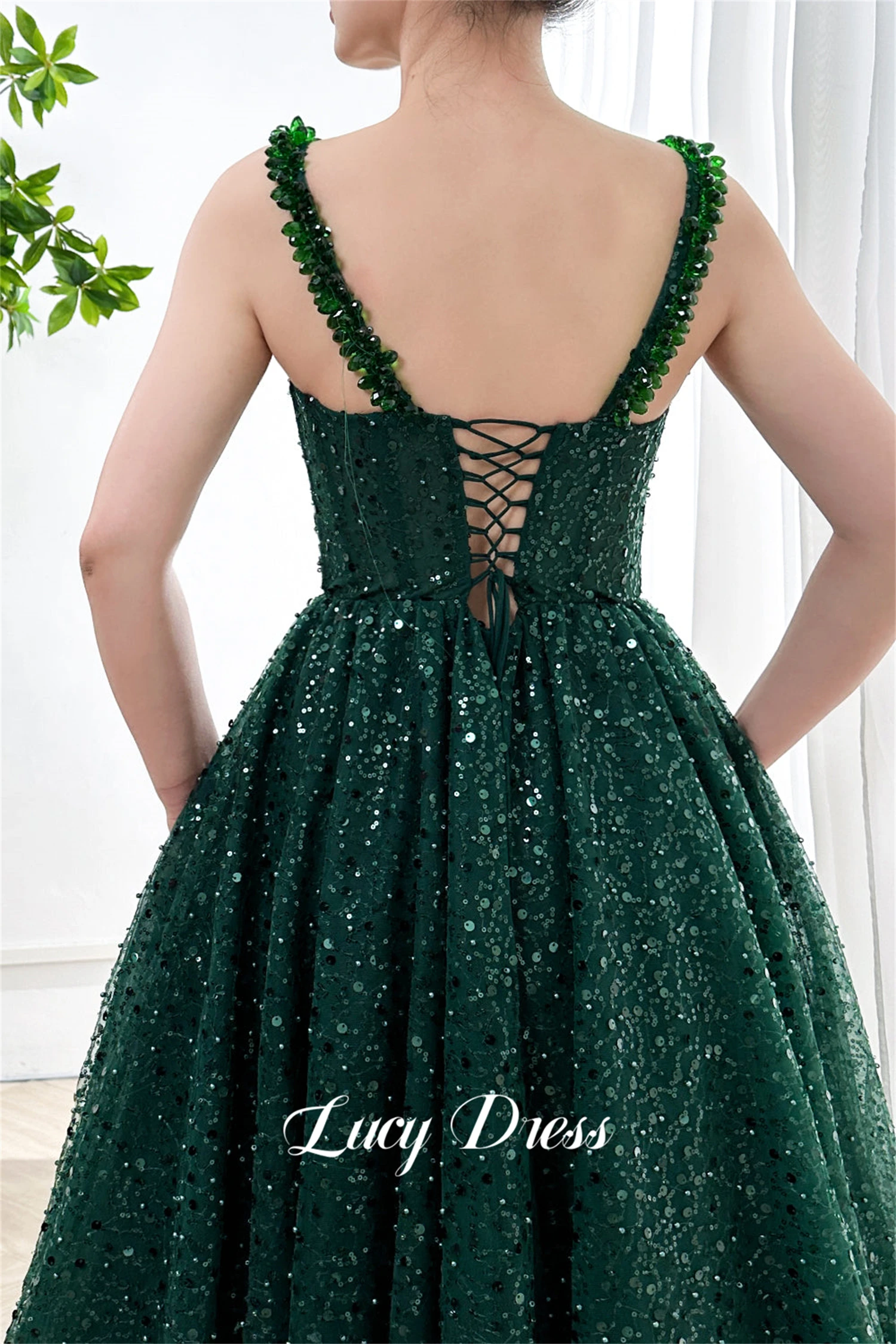 Lucy Line A Evening Dress a Bead Embroidery Fabric Green Cocktail Medium Length Tailoring Dresses for Occasions Wedding Prom