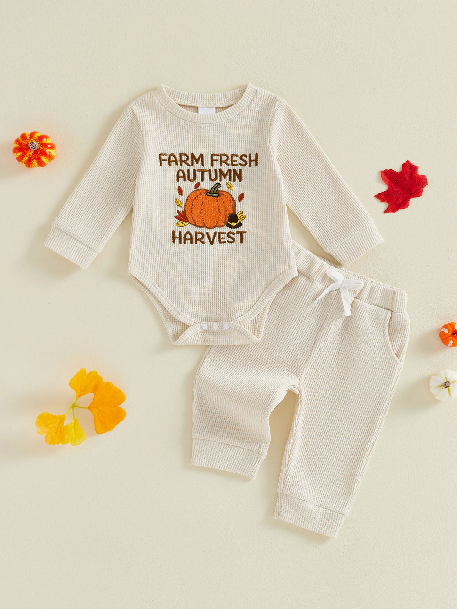 Letter Pumpkin Pumpkin Embroidery Pants Baby Sleeve Crew Neck 2 Pcs Halloween Outfit Romper Outfit Long Compact