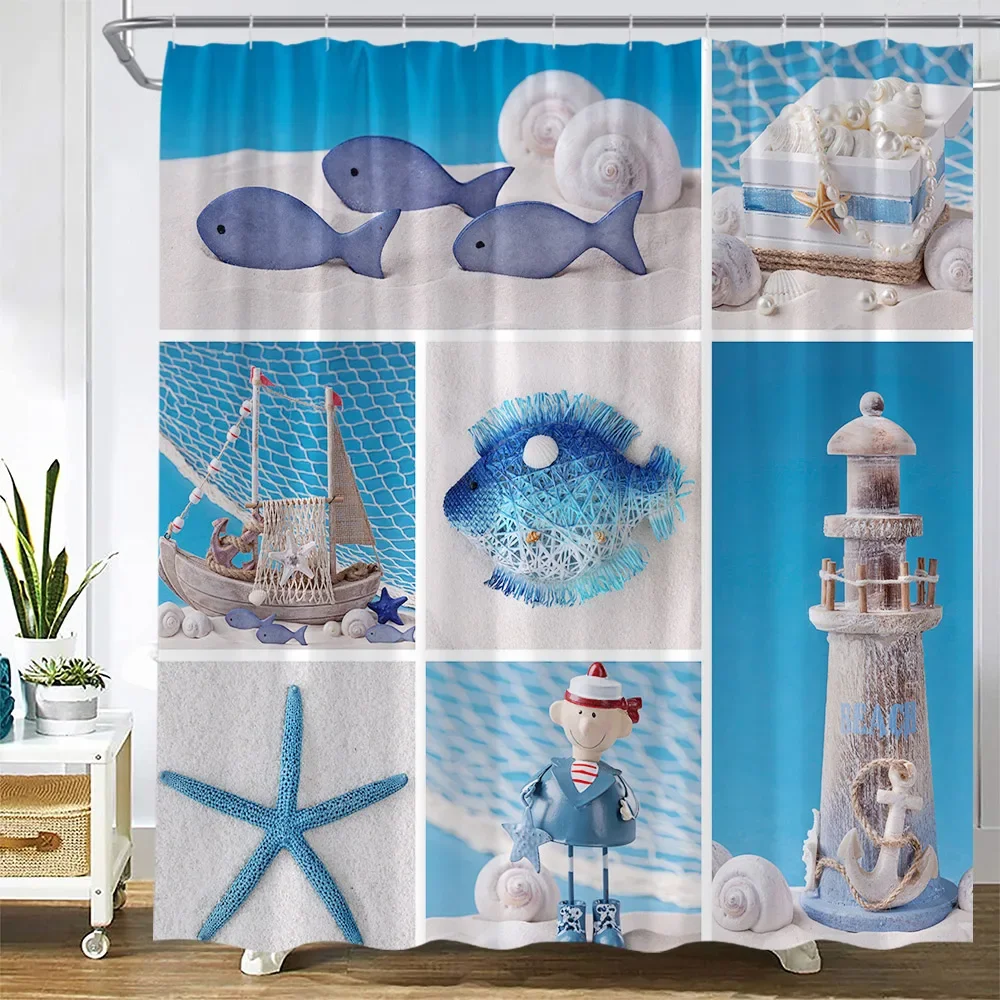 Dusk Sea Wave Beach Shower Curtains Creative Splicing Starfish Sailboat Blue Wooden Board Landscape Home Decor Bathroom Curtain