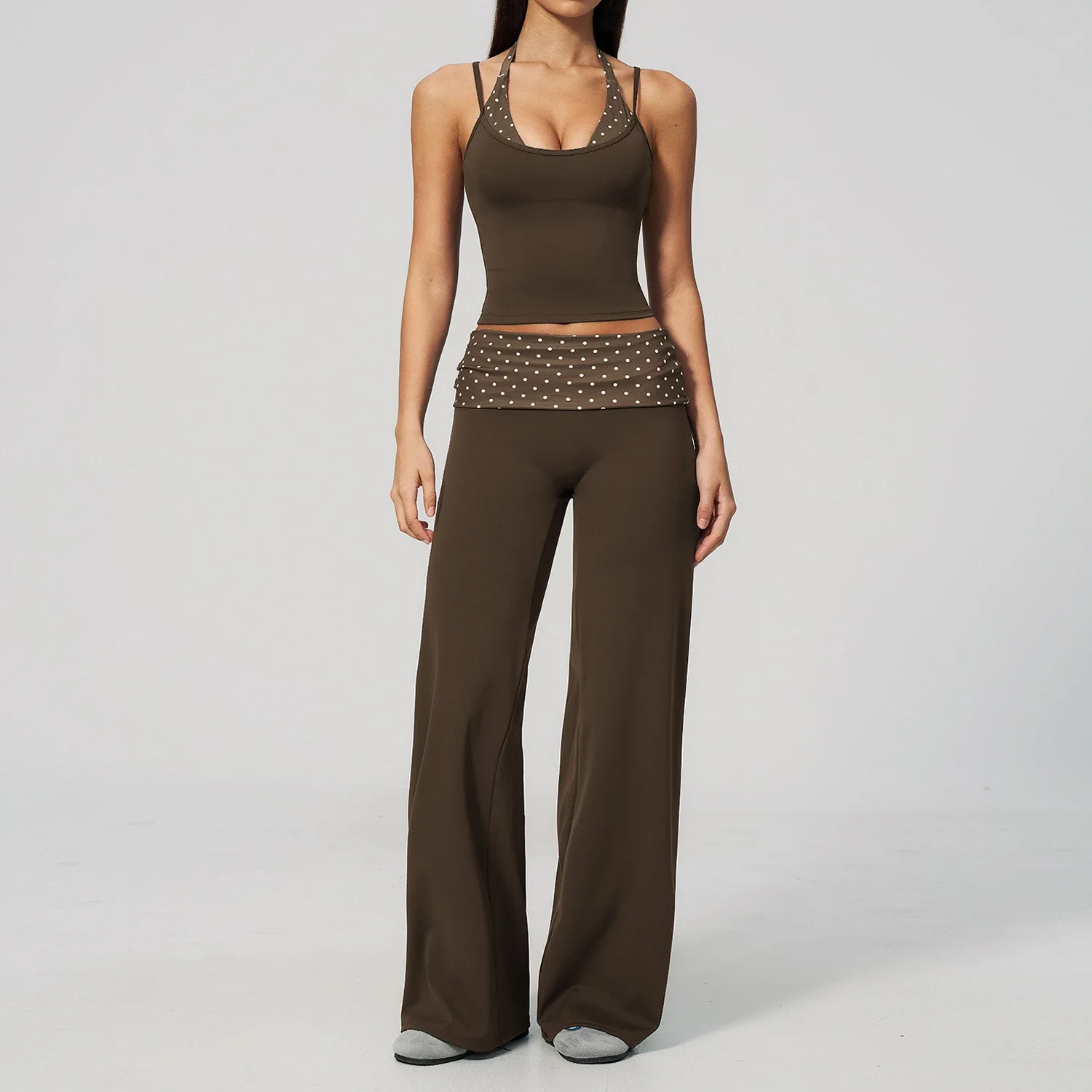 Women's Brushed Polka Dot Yoga Set Moisture Wicking Fold over Waistband Scrunch Butt Gym Outfit Top with Leggings Two-Piece Set