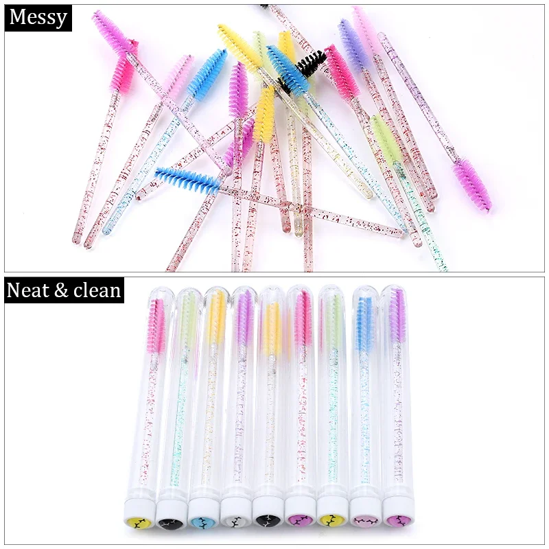 แปรงปัดขนตาแบบใช้แล้วทิ้ง 50 ชิ้น พร้อมหลอด แปรงปัดมาสคาร่าแบบมีประกาย แปรงปัดขนตาแบบกันฝุ่น อุปกรณ์แต่งหน้า