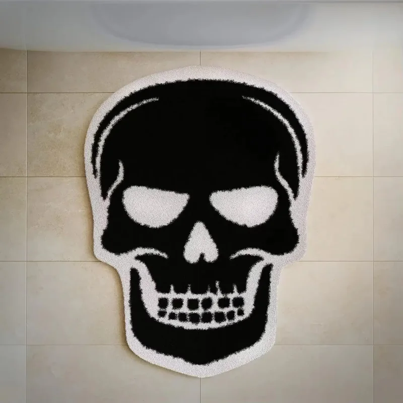 VIKAMA Gothic Skull Shaped Fluffy Bath Mat Black White Skeleton Non Slip Water Absorbent Halloween Bedroom Front Door Decor Rug