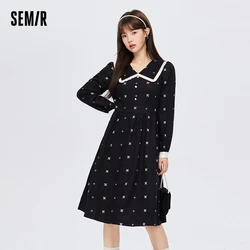 Semir Dress Women Puff Sleeve Full Print Black Dress 2023 Winter New Lace Lapel Temperament Dress