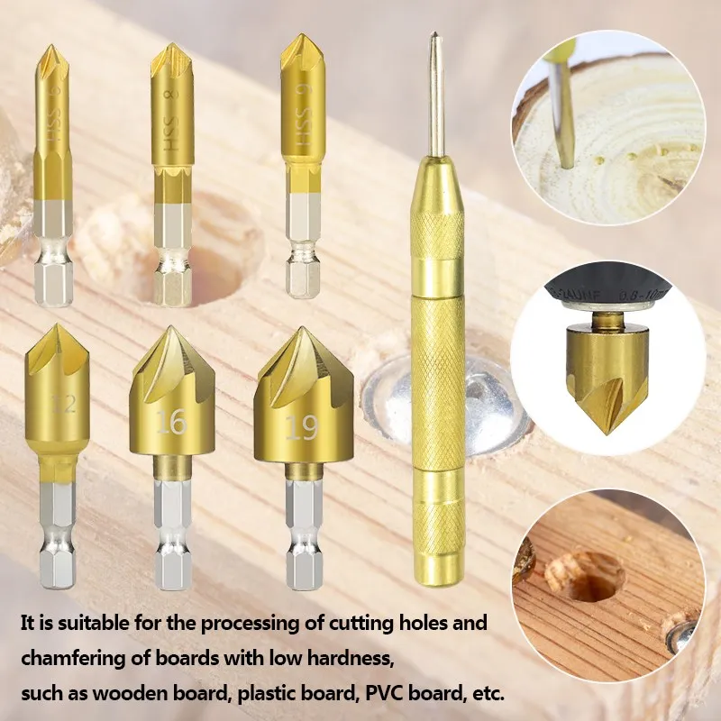

7pcs Hex Shank Countersink Drill Bit 6-19mm Set Titanium Coated 5 Flute Hole Drill 90 Degrees Wood Chamfering Cutter