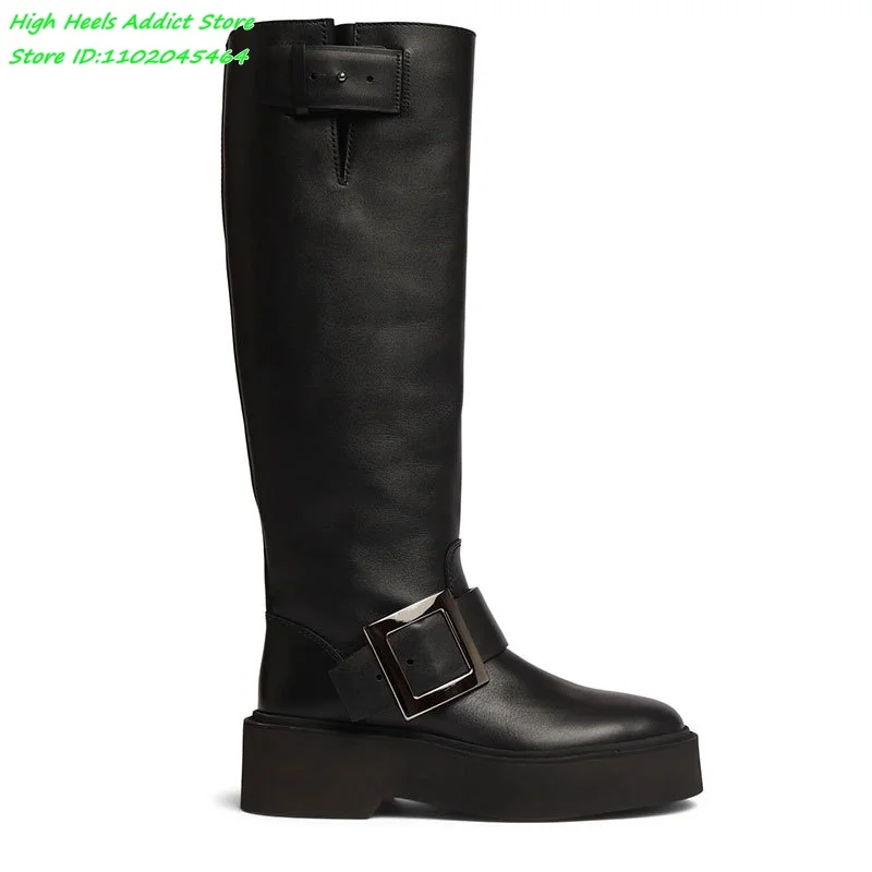 Black Flat Platform Leather Knee High Boots Women's 2024 New in Comfy Buckled Pull on Long Boot Luxury Designer Causal Shoes