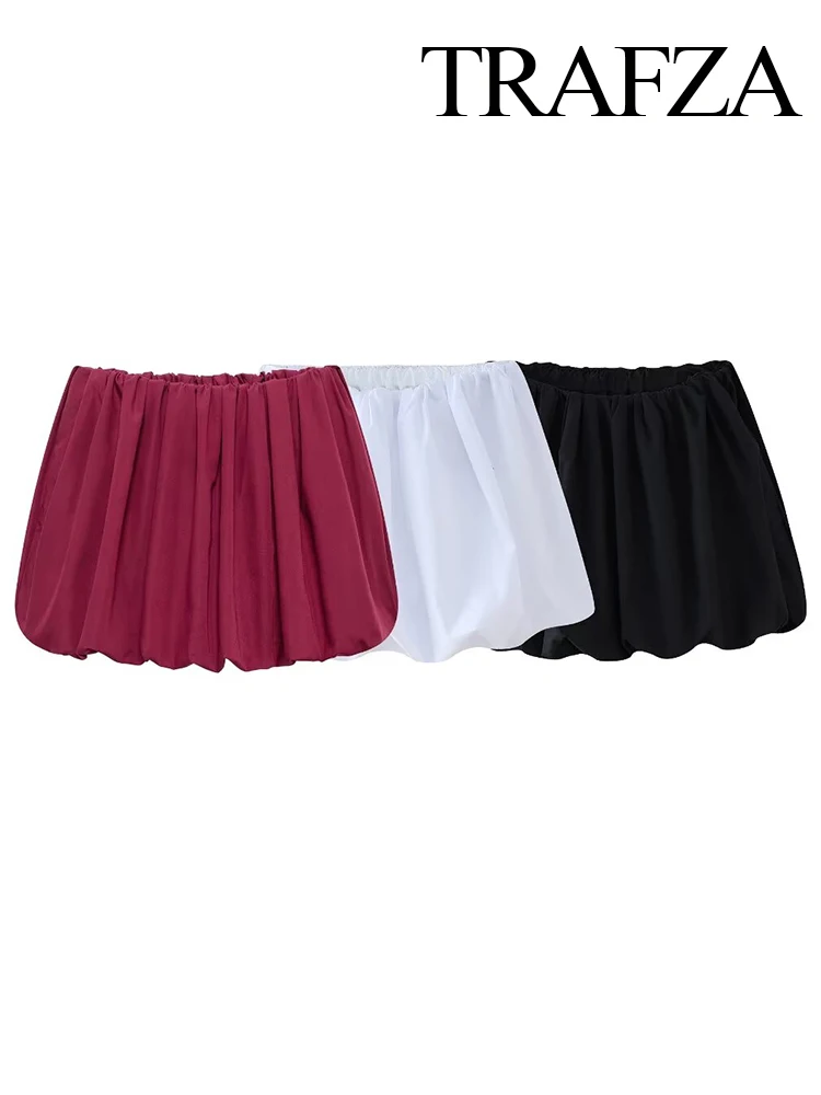 

TRAFZA Women Fashion Versatile Solid Two-Wear Tube Top Sexy Balloon Skirt Female Elegant Elastic Waist Streetwear Pleated Skirt