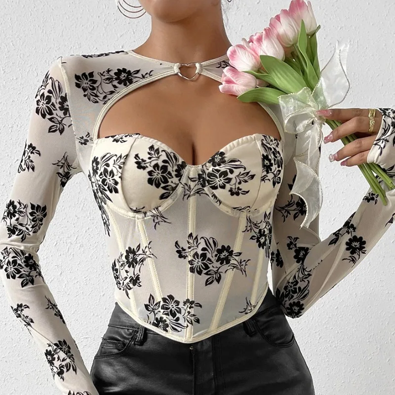 

Mesh Printed Hollow Out Long Sleeve Sexy Corset Top Spicy Girl 2023 Autumn Fashion See Through Slim Fit T Shirt Party Clubwear