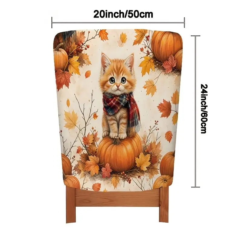 VIKAMA Thanksgiving Chair Back Cover Cute Kitten Pumpkin Maple Leaf Print Washable For Dining Room Kitchen Home Decor