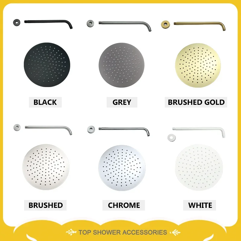 Round Stainless Steel Shower Head 8/10/12 Inch Ultra Thin Rain Shower Head Wall Mounted Shower Arm Bathroom Accessories