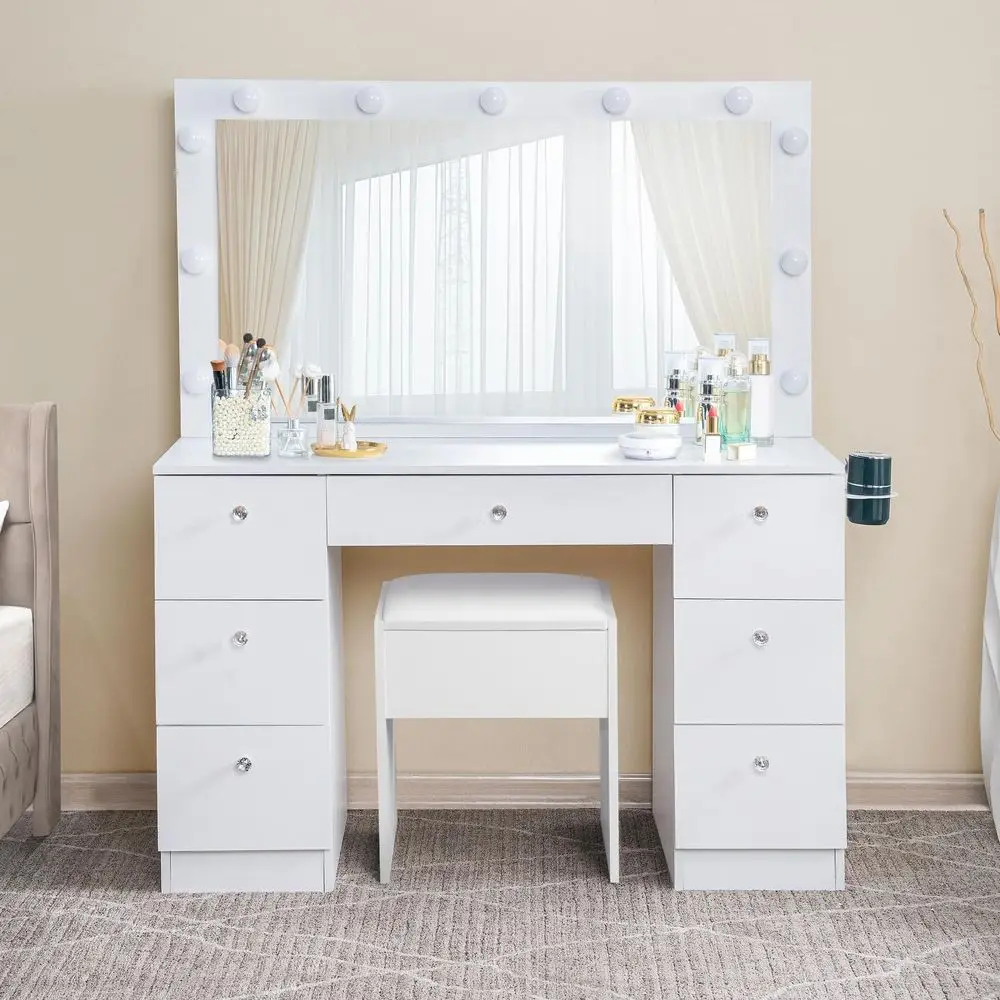 

46 LED-lit Makeup Vanity Desk with Mirror, Adjustable Brightness, Storage Drawers & Charging Station (White)