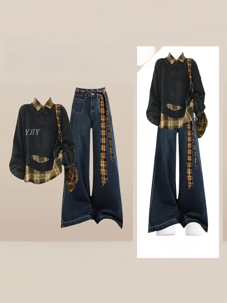 

Faionable Casual Sle Fake Two-Piece Sweatirt Women's High Waist Cover Hip Wide Leg Jeans Set Autumn Season Long Sve
