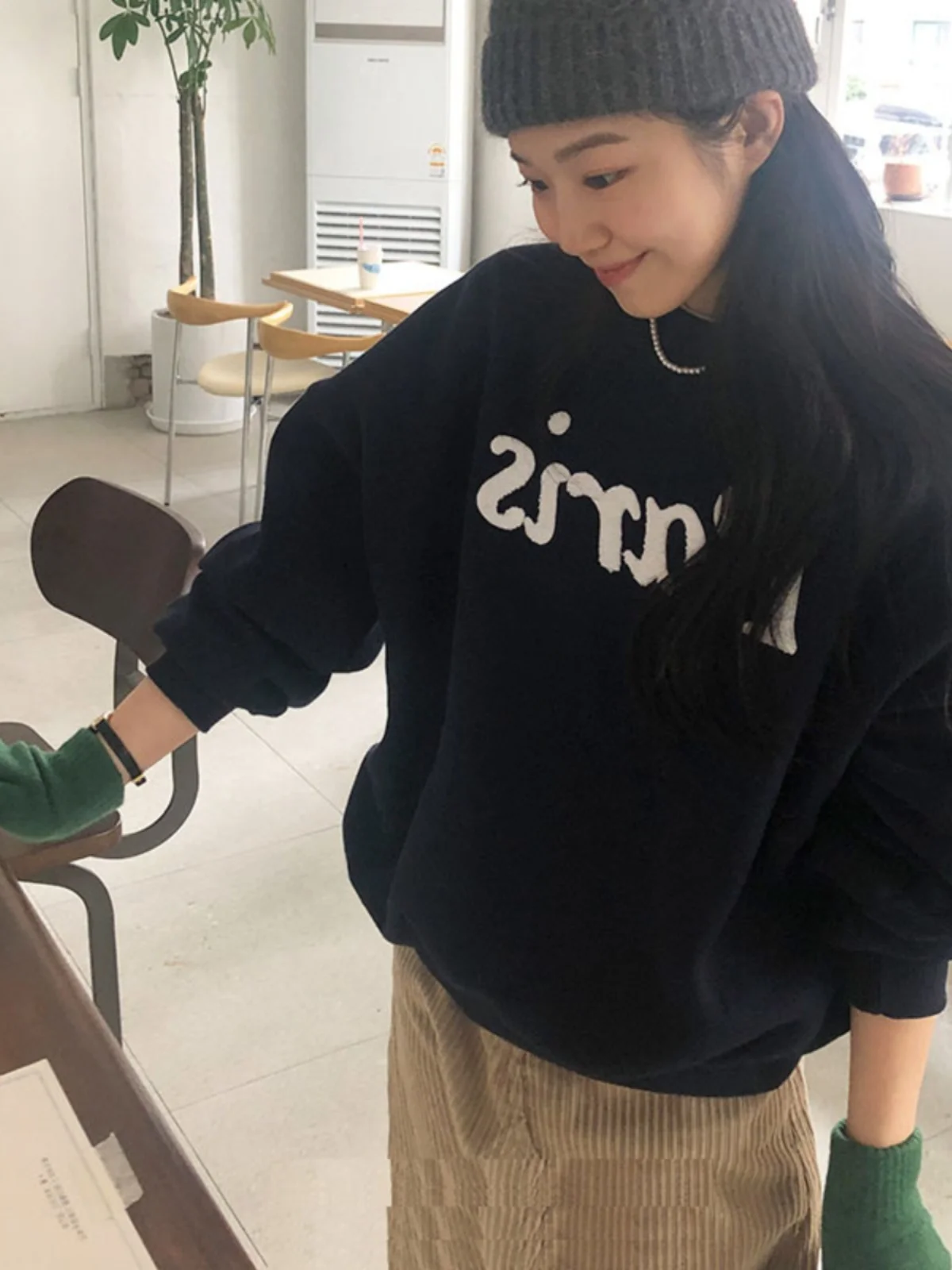 Korean Style Loose Cotton Fleece Sweatshirt Women's Spring Autumn New Lazy Style round Neck Outerwear Commute Versatile Top T...