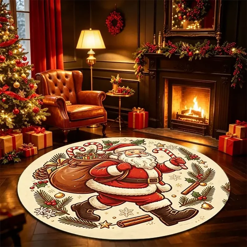 VIKAMA Walking Saint Nicholas Present Sack Peppermint Stick Round Rug Holiday Festive Soft Floor Mat Room Decor Accent Durable