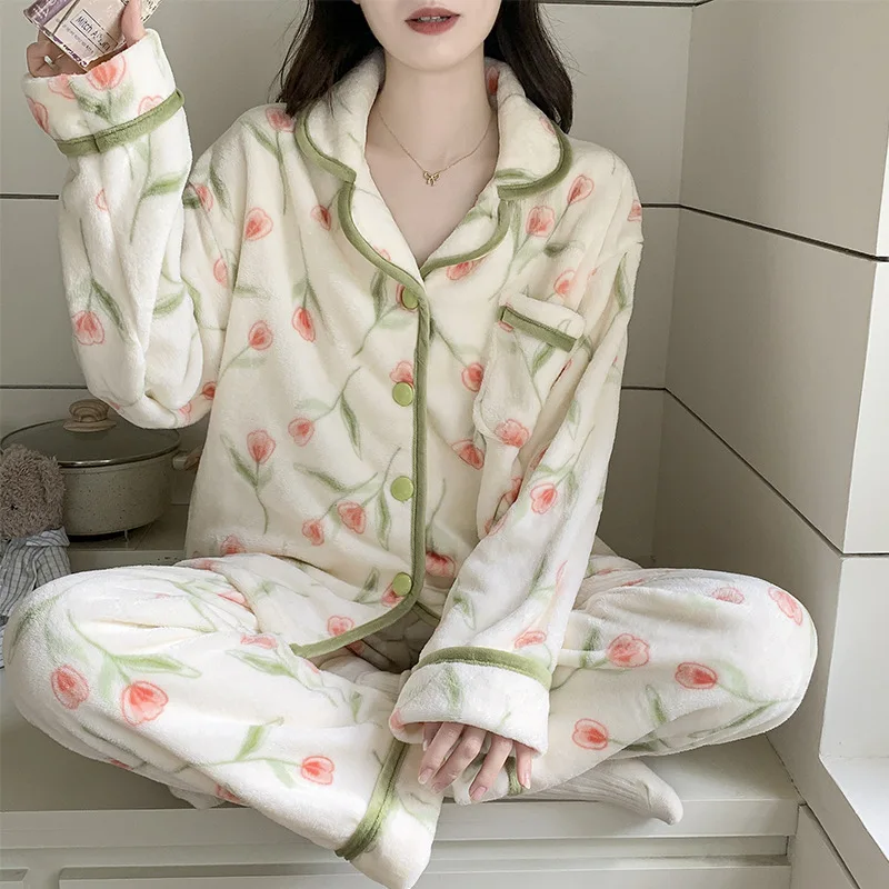 

M-2XL Womens Flannel Pajama Set Print Soft Fleece Fleece Sleepwear Long Sleeve Button-Down PJs 2-Piece Cozy Velvet Outerwear Set