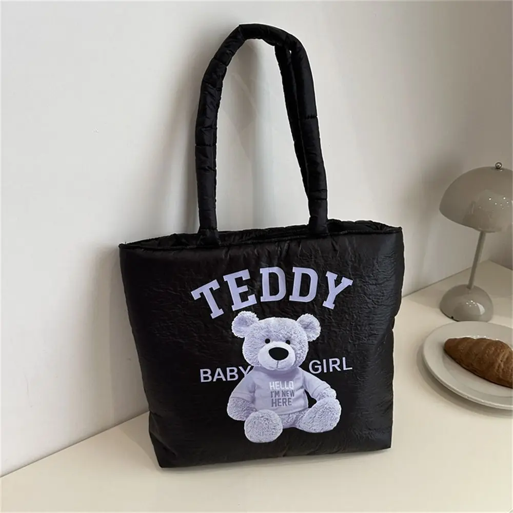 Casual Down Cotton Padded Shoulder Bags Lightweight Large Capacity Quilted Totes Cute Cartoon Shopping Bag for Women Girls