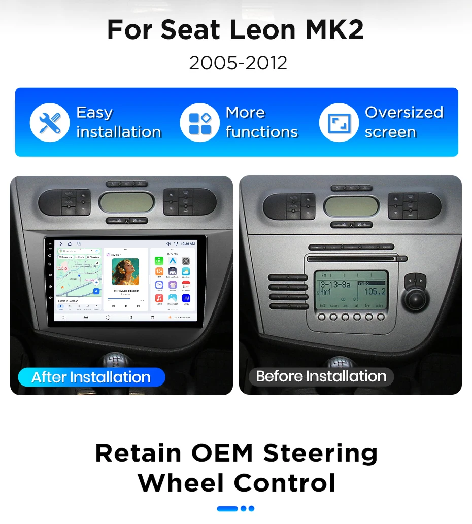 Junsun Android 15 Auto-Intelligentes System für Seat Leon MK2 2005-2012, kabelloses CarPlay für Apple Auto, 9" IPS-Touchscreen – Detail 6