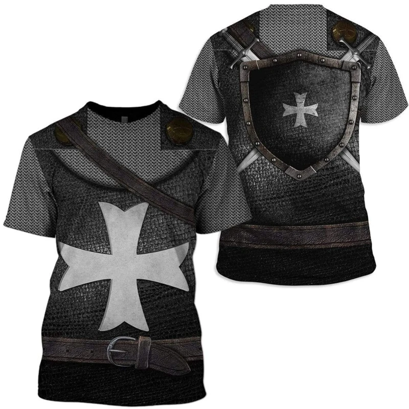 Summer Oversized T-shirt European Retro Templar Print Mens Clothes Men Fashion Short Sleeve Knight Cosplay Streetwear Kids Tops