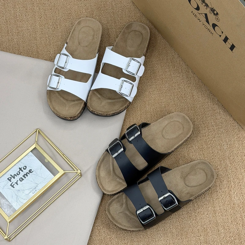 Casual Cork Thick Bottom Men And Women's Slippers With Double Buckles And Open Toes Versatile Flat Bottom Breathable Sandals