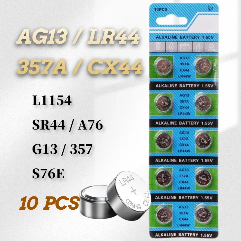 시계 전자 리모콘용 알카라인 단추 코인 셀 배터리, 1.55V AG13, RW82, SR1154, SP76, LR44, 357, 357A, S76E, G13, 10-50 개