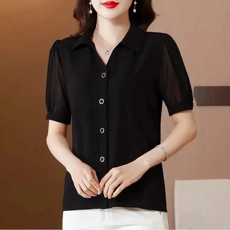 Office Lady Fashion Solid Color Chiffon Blouse Summer Short Sleeve Spliced Single-breasted Female Casual Turn-down Collar Shirt