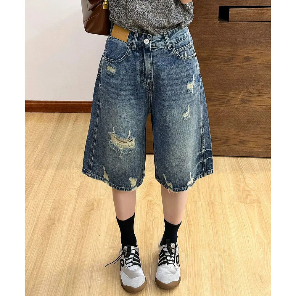 Ripped Hole Wide Leg Denim Shorts For Women European 2026 Summer New Fashion Straight Jeans Retro Washed Knee Length Denim Pants