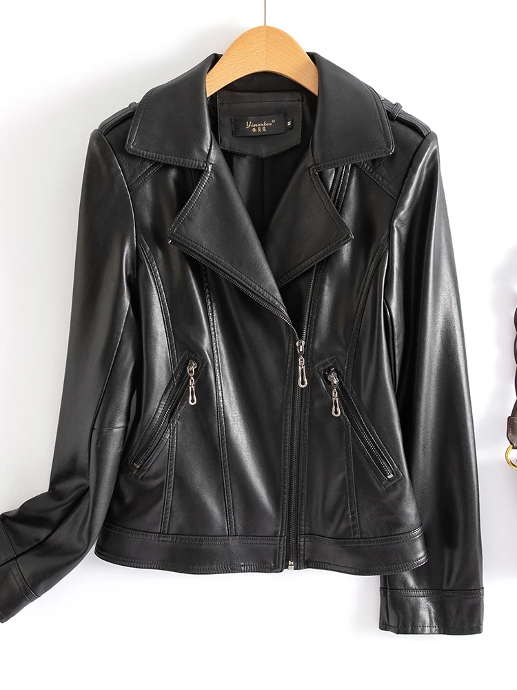 

Spring Autumn ort Faionable Women's eepskin Jaet Slim Fit Korean Sle Large Size New Model Haining Genuine Leather Coat