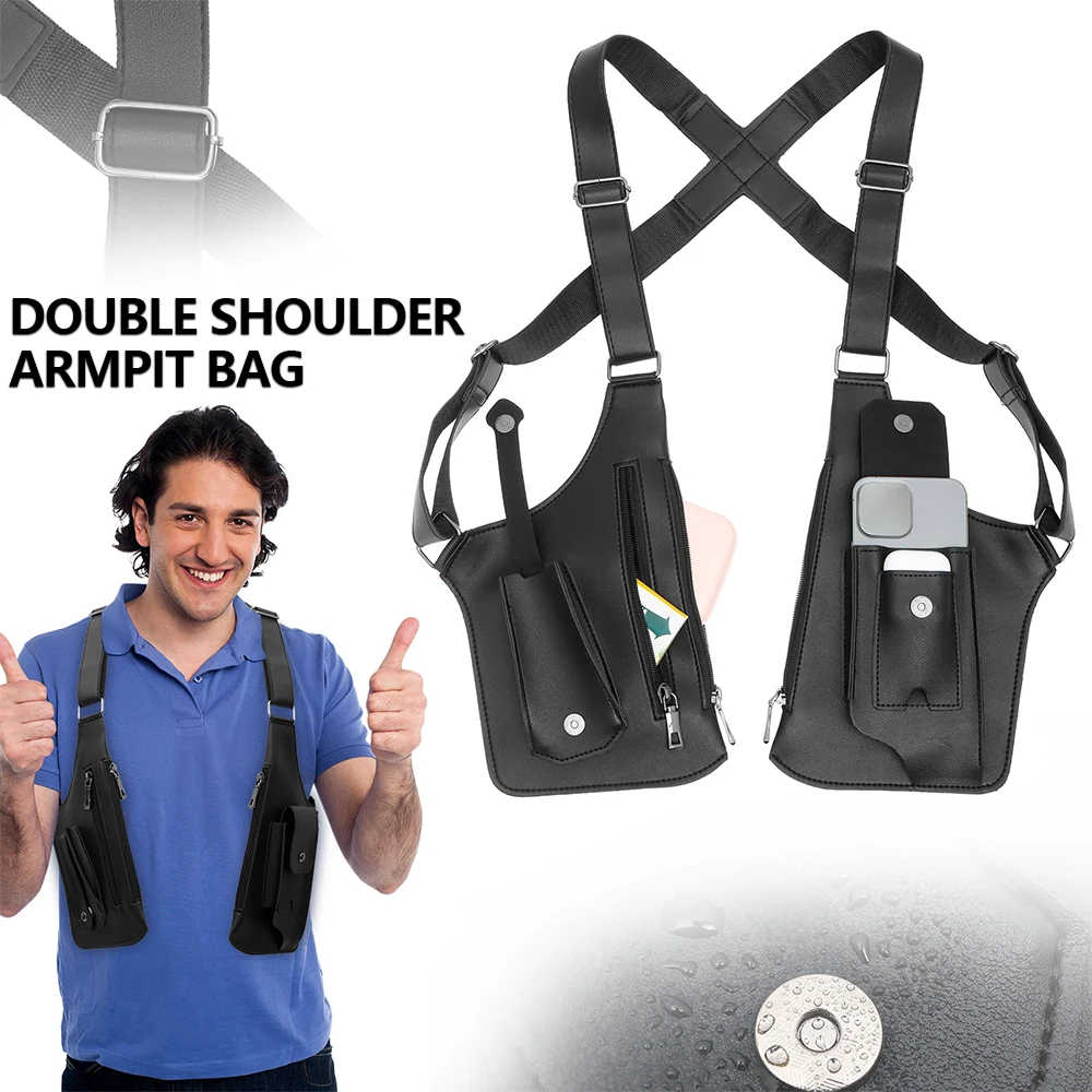 

Underarm Anti Theft Bag PU Double Shoulder Strap Multi-Pocket Outdoor Anti-Theft Tactical Fishing Bag Waterproof Men Armpit Bag