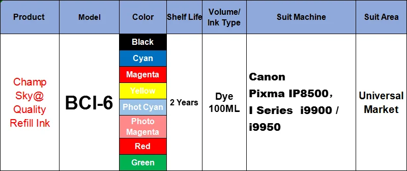 Quality Refill Ink For Canon BCI-6  BCI6  , For Canon Pixma  IP8500 / i9900 / i9950 .  [100MLX8]