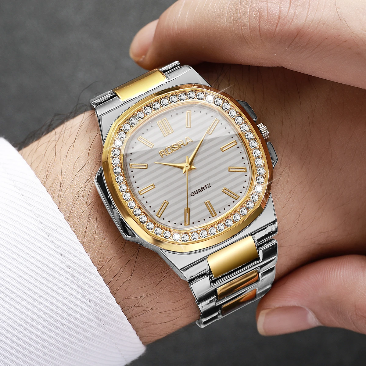 Luxury Rhinestone Men Business Watches Fashion Square Dial Steel Band Male's Quartz Wristwatch Reloj Hombre（Without Box）