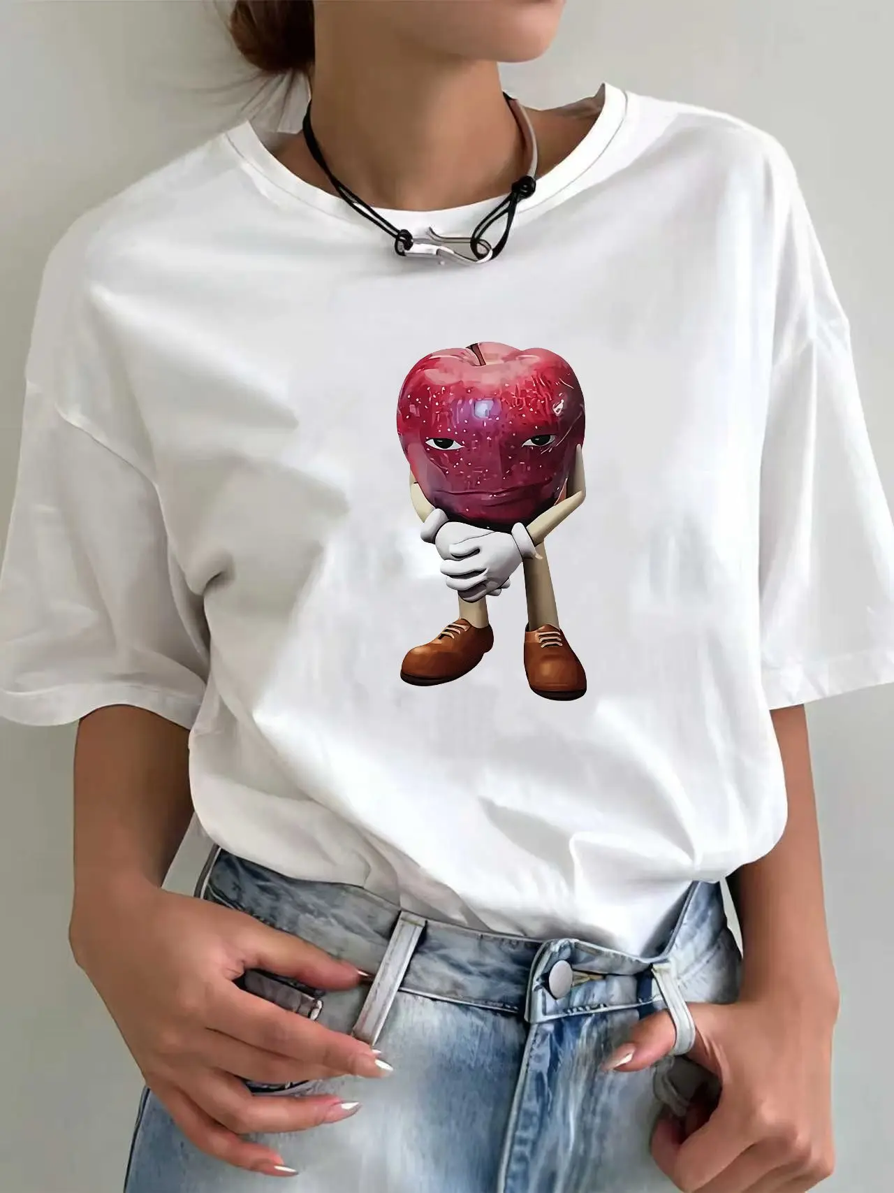 Kaos katun kualitas tinggi pria, T-shirt atasan lengan pendek kasual Retro Apple dengan wajah Meme uniseks image 4