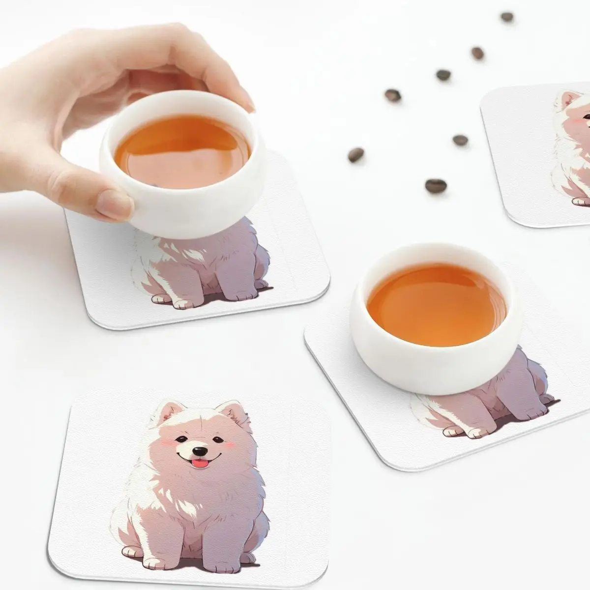 Cartoon Style Cute Samoyed Coasters Kitchen Placemats  Insulation Cup Coffee Mats For Decor Home Tableware Pads Set of 4
