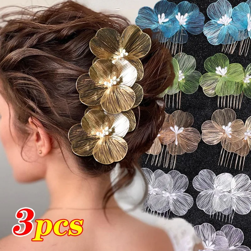 Premium Feel Bruid Trouwjurk Haaraccessoires Eenvoudige Vintage Elegante Haarclip Gouden Draad Holle Bloem Invoegen Kam Haarspeld