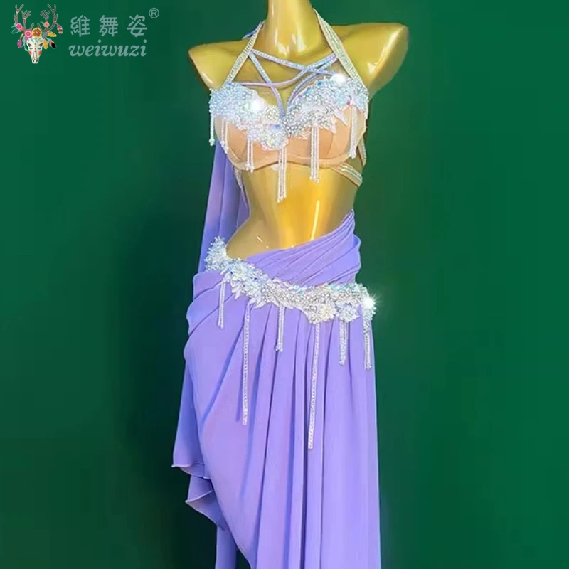 Belly Dance Popsong เครื่องแต่งกายสําหรับผู้หญิง Rhinestone ชุดชีฟองหรูหราผู้ใหญ่ Oriental Belly เต้นรําการแข่งขันชุด