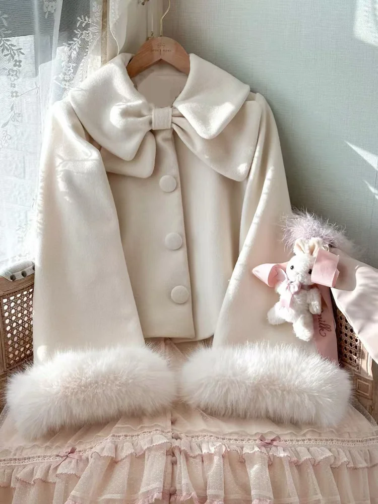 

Французское осенне-зимнее милое однотонное модное пальто с бантом для девочек, элегантное, нежное, изысканное, милое, романтическое, мягкое, удобное, короткое, теплое пальто