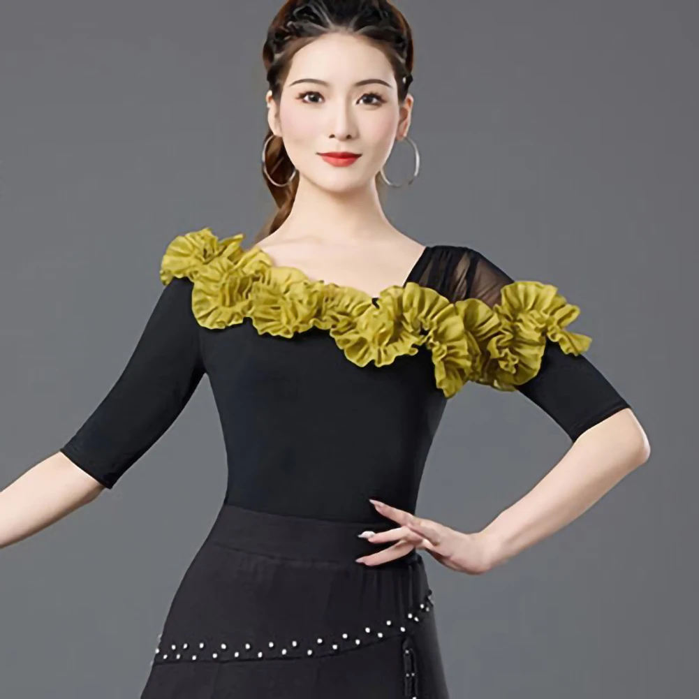 Czarna bluzka do tańca latynoamerykańskiego z asymetrycznym dekoltem, krótkim rękawem, nowa damska koszulka sambo z trójwymiarowym wzorem.