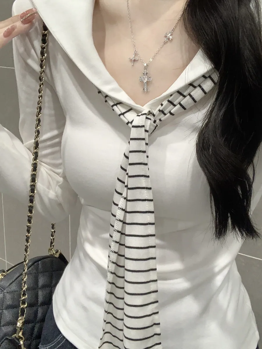 Naval Collar Miu Style Slim Fit Striped Sash Long Sleeve T-Shirt Women's Spring Autumn College Fashion Cotton Polyester Blend