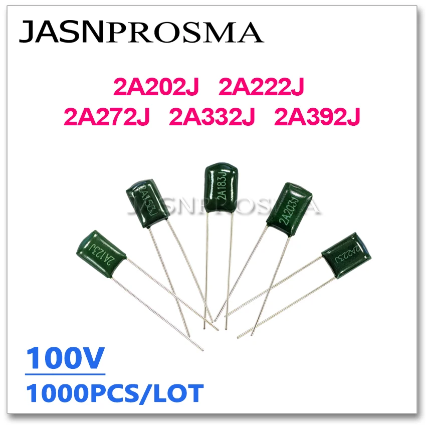JASNPROSMA 1000PCS 100V 2A202J 2A222J 2A272J 2A332J 2A392J 2NF 2.2NF 3.3NF 222J 332J 392J 2A 5% โพลีเอสเตอร์ตัวเก็บประจุฟิล์มโพลี