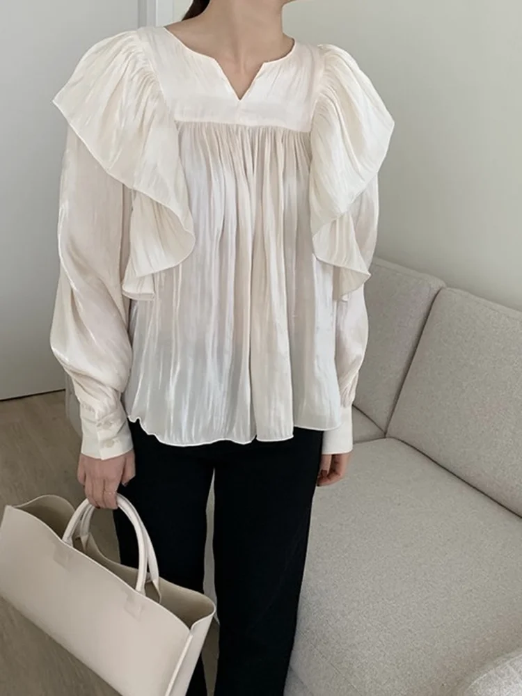 

Summer New Gentle Style Loose Fit Slimming Bubble Sleeve Cotton Shirt Women's Daily Wear V-Neck Regular Length Casual Shirt